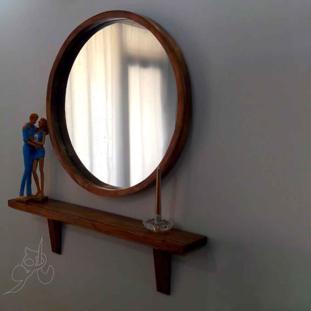 آینه گرد چوبی و شلف چوبی