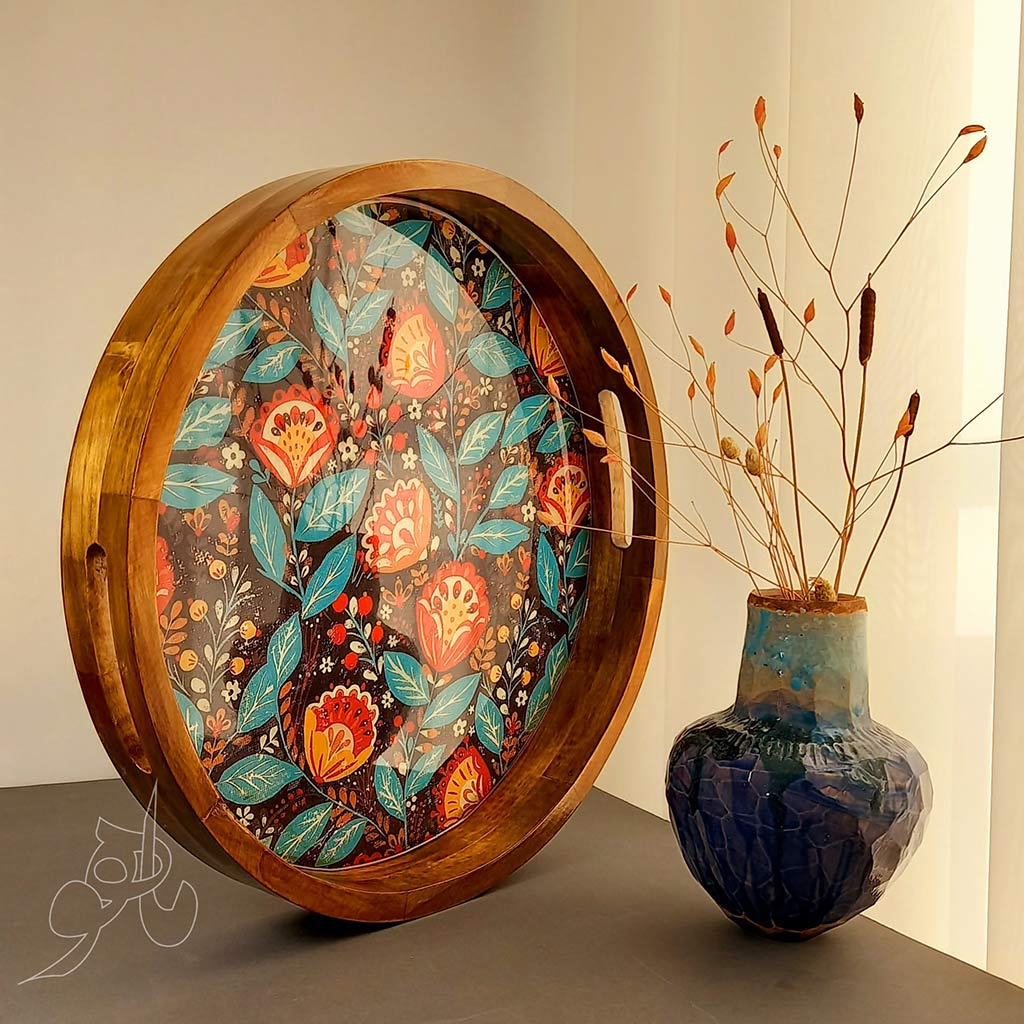 سینی چوبی دایره طرح برگ آبی