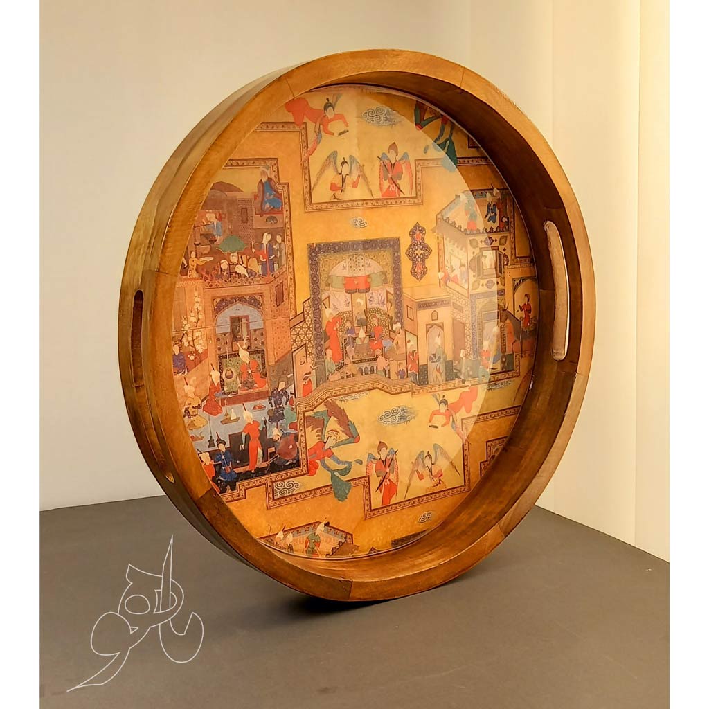 سینی چوبی دایره طرح نگارگری ایرانی
