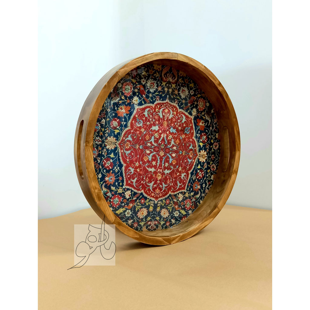 سینی دایره چوبی طرح شمسه تذهیب نگارگری